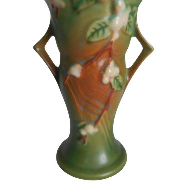 Vintage Roseville Pottery Snowberry 1940's Green Vase Art Deco Handled #1 - Picture 2 of 9